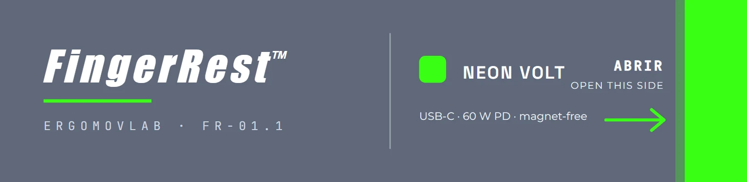 Canto superior de la caja: FingerRest, ErgoMovLab · FR-01.1, Neon Volt, USB-C 60 W PD magnet-free, ABRIR / OPEN THIS SIDE