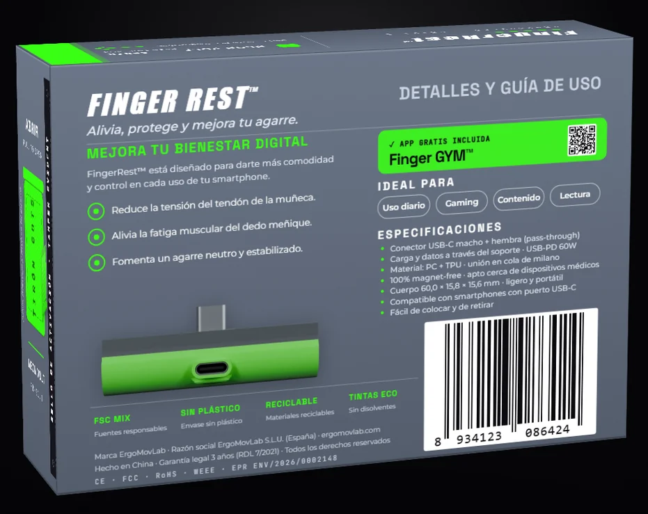 Caja del FingerRest FR-01.1, cara trasera: detalles, guía de uso, especificaciones y sellos