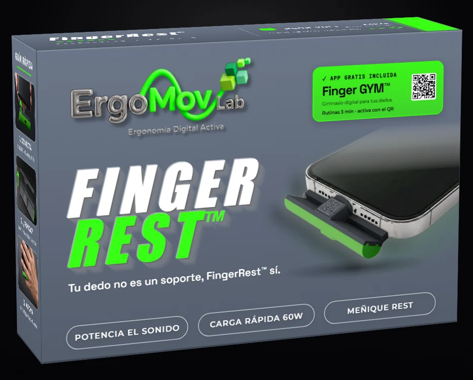 Caja del FingerRest FR-01.1, cara frontal: marca ErgoMovLab, FingerRest y el producto acoplado al móvil