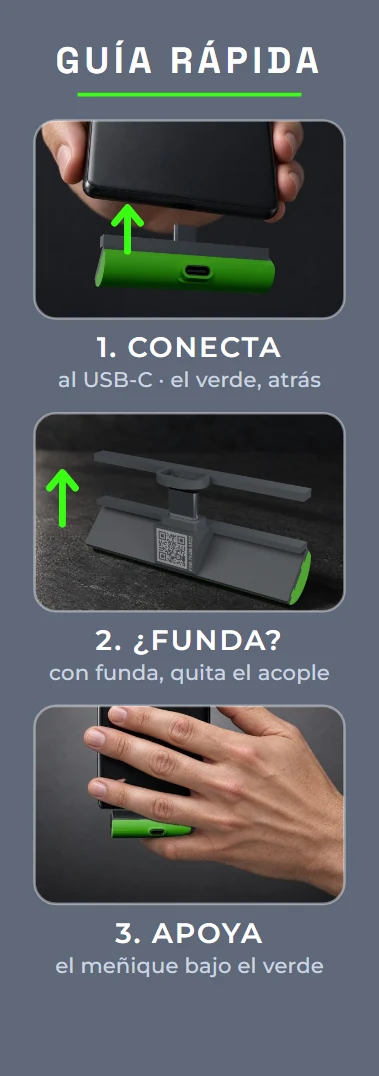 Lateral con la guía rápida: 1 conecta, 2 ¿funda?, 3 apoya