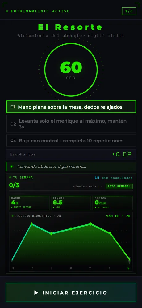 Pantalla de entrenamiento de Finger GYM: el ejercicio El Resorte con su temporizador y los pasos a seguir.