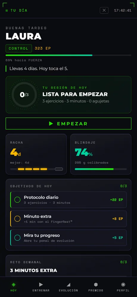 Pantalla Tu día de Finger GYM: la sesión de hoy, 3 ejercicios en 3 minutos, con la racha y los objetivos del día.