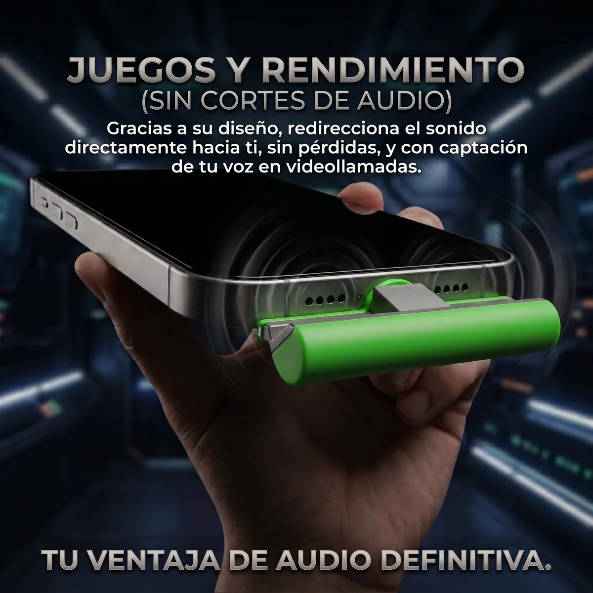 Smartphone con FingerRest acoplado, sostenido en horizontal para jugar: el altavoz inferior queda libre